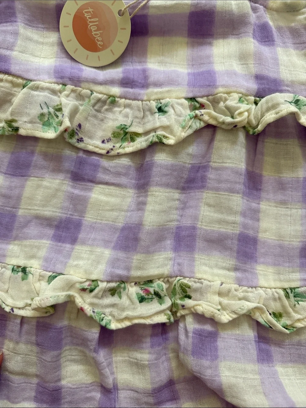 tullabee Lavender Check Sundress with Floral Ties - organic cotton muslin